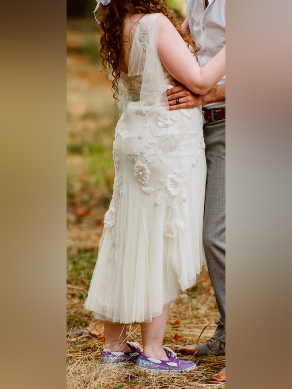 Floravere Frida Sz 12, High-Low Tea Length, Ivory w Applique Tulle Wedding Dress